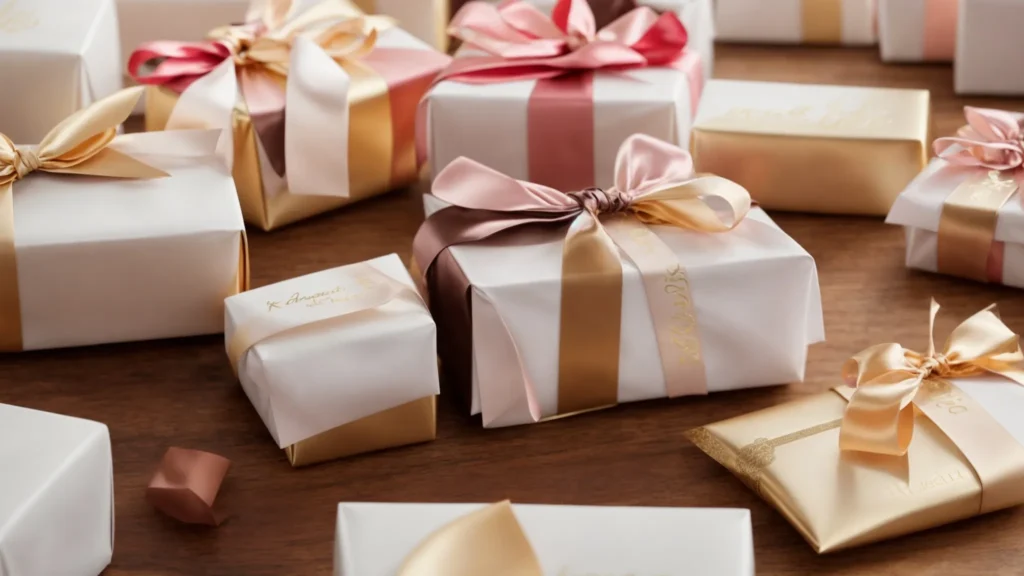 a neatly stacked arrangement of mozartkugel chocolate gift boxes tied with a silky ribbon on a wooden table.