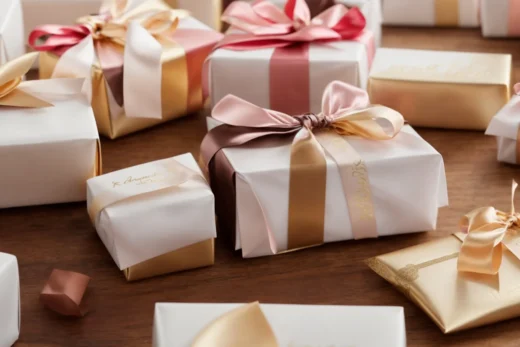 a neatly stacked arrangement of mozartkugel chocolate gift boxes tied with a silky ribbon on a wooden table.