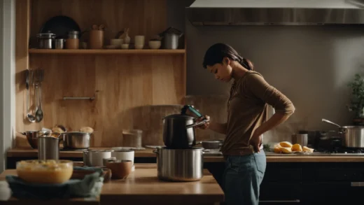 a person standing in a kitchen, following a recipe on a tablet while stirring a pot on the stove.