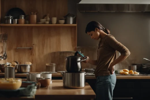 a person standing in a kitchen, following a recipe on a tablet while stirring a pot on the stove.