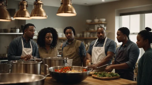 a group of people gathered around a cooking instructor in a kitchen, eagerly watching a cooking demonstration.
