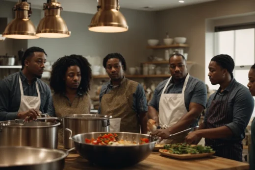 a group of people gathered around a cooking instructor in a kitchen, eagerly watching a cooking demonstration.