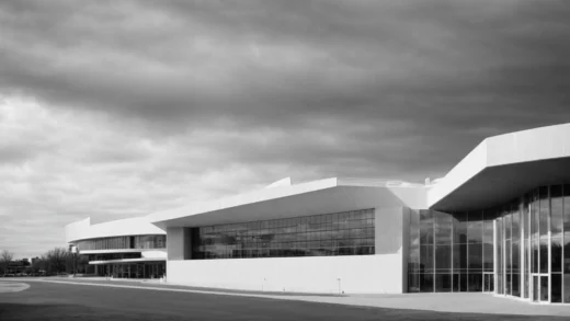 a wide-angle view of tcu place showing its modern architectural design against the clear saskatoon sky.