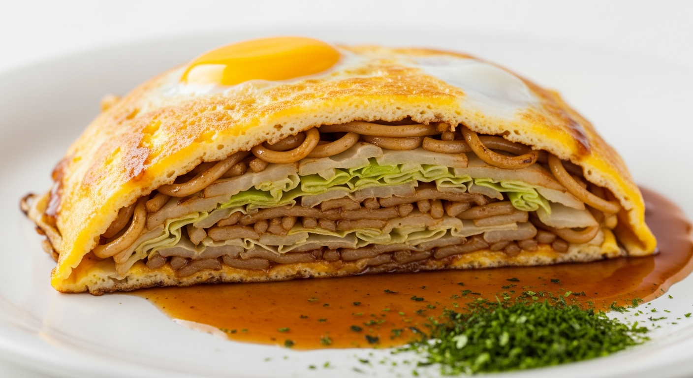 Hiroshima-style okonomiyaki sizzling on a teppan grill during a food tour
