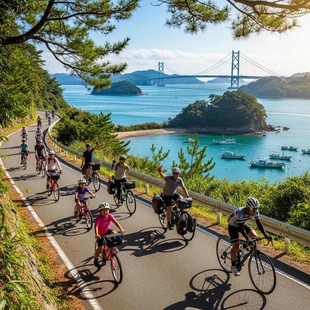 Cyclists on the Shimanami Kaido route with views of the Seto Inland Sea
