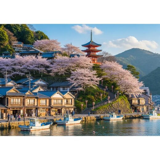 Scenic view of Onomichi, Japan, highlighting cherry blossoms and traditional architecture