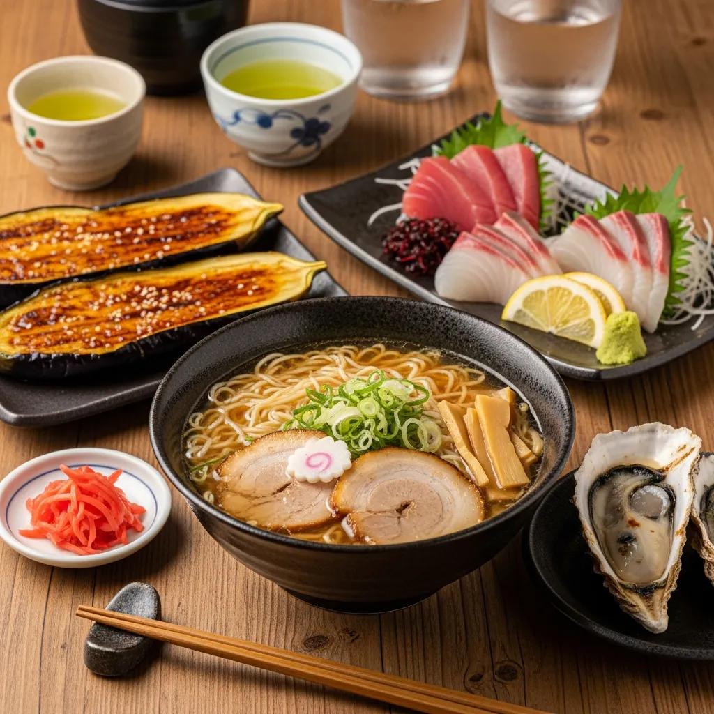 Traditional Onomichi dishes including ramen, grilled eggplant, and fresh seafood