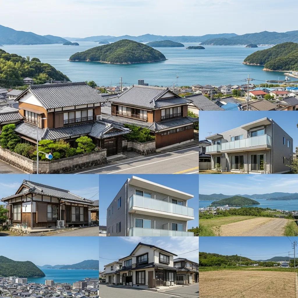 Diverse property types in Onomichi, Japan, including traditional homes and scenic land for investment