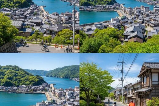 Scenic view of Onomichi, Japan, featuring traditional houses and cyclists along the Seto Inland Sea