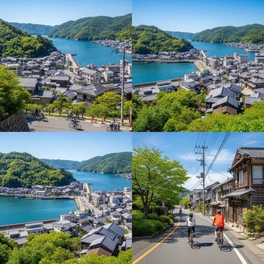Scenic view of Onomichi, Japan, featuring traditional houses and cyclists along the Seto Inland Sea