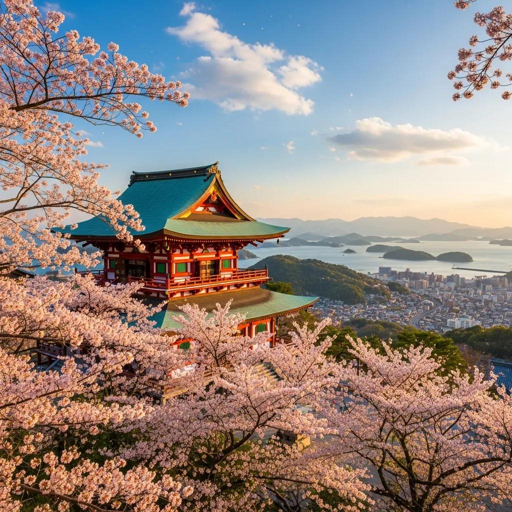 Senkoji Temple in Onomichi, Japan, surrounded by cherry blossoms and offering panoramic views